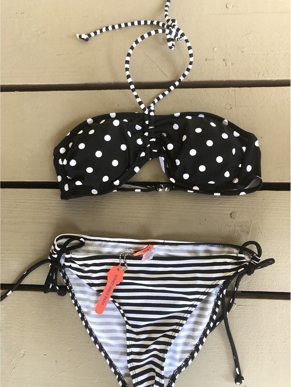2pc Apollo Swimwear Size S Black Whiter Strip Polka Dot Removable Pads
